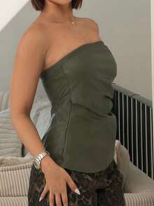 IamThia 女士皮革上衣时尚褶皱不对称下摆抹胸上衣，适合外出和聚会上衣 - 軍綠色 - 查看 4