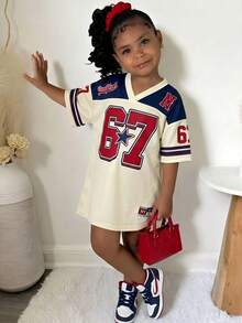 SHEIN 女童V领条纹数字印花短袖T恤 - 彩色 - 查看 3