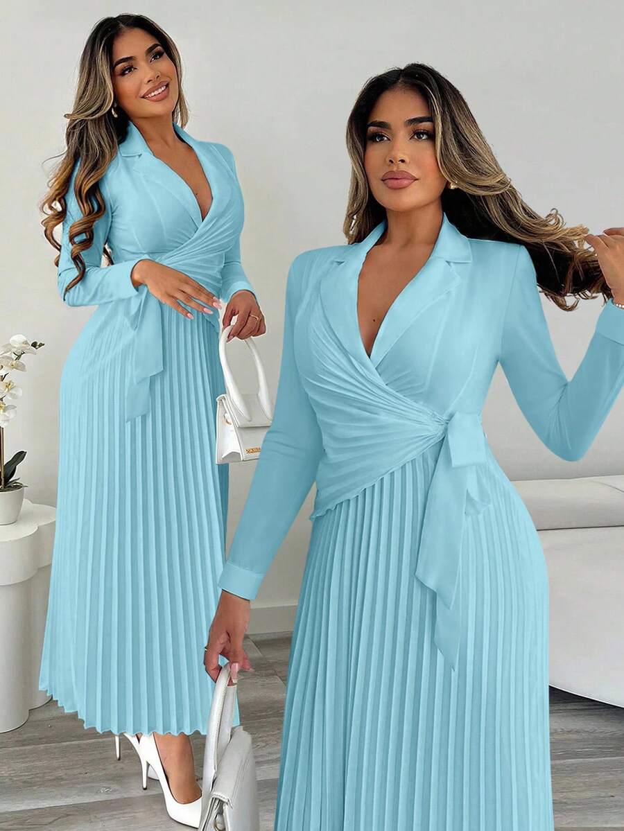 Xyvia Vestido Elegante de Escritório para Mulheres com Cintura Marcada, Estilo de Camisa com Botões, Adequado para Casamentos e Eventos, Outono/Inverno - Azul bebê - Visão 1