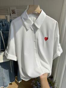 Resyla Women's Heart Embroidery Front Button Casual Versatile Roll-Up Sleeve Shirt - White - View 5