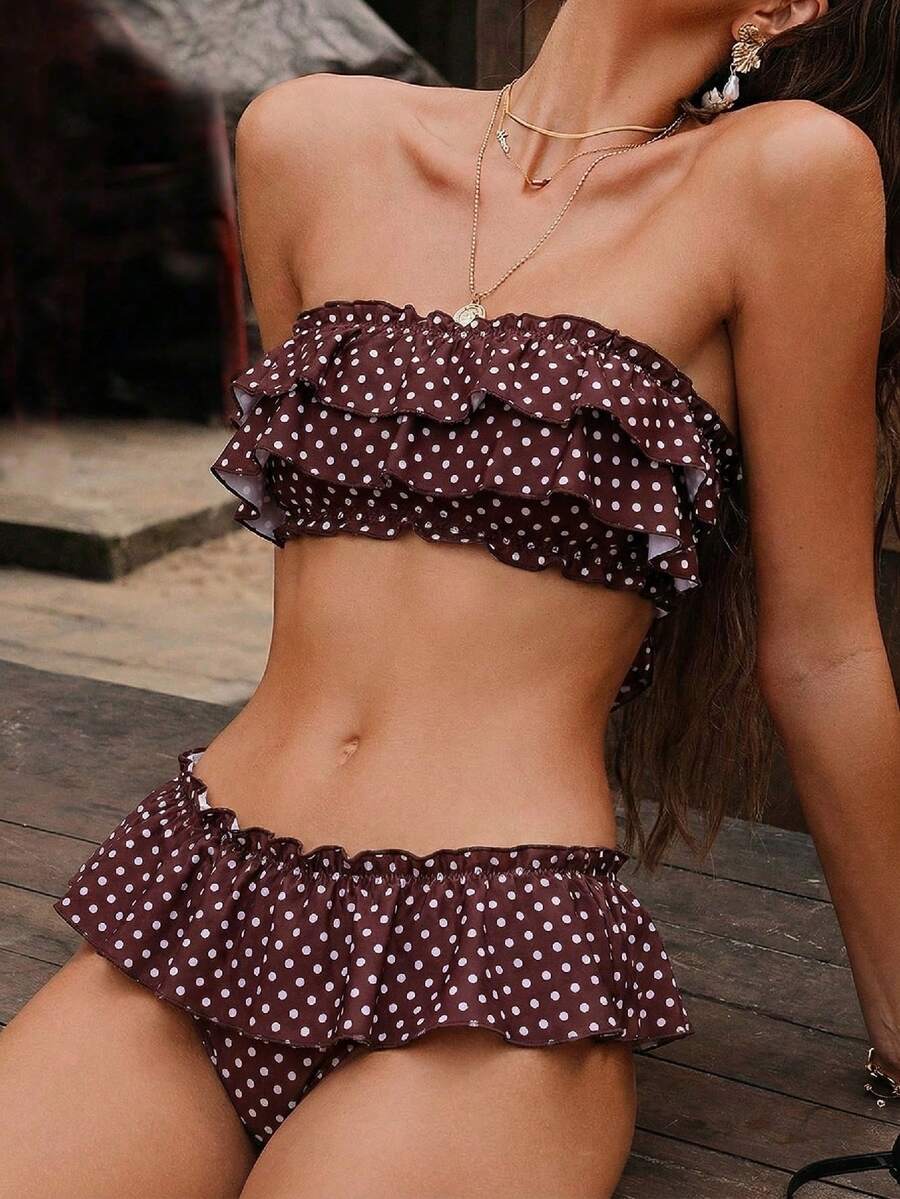 Swim Mod 女士印花抹胸比基尼套装,休闲低腰荷叶边短裙,度假泳装 - 棕色 - 查看 1
