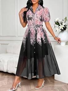 SHEIN Lady 女士优雅印花前扣花瓣袖连衣裙，夏季 - 黑色 - 查看 4