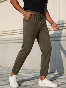 男士纯色高腰抽绳休闲裤，裤脚收口 - 橄欖綠 - 查看 3