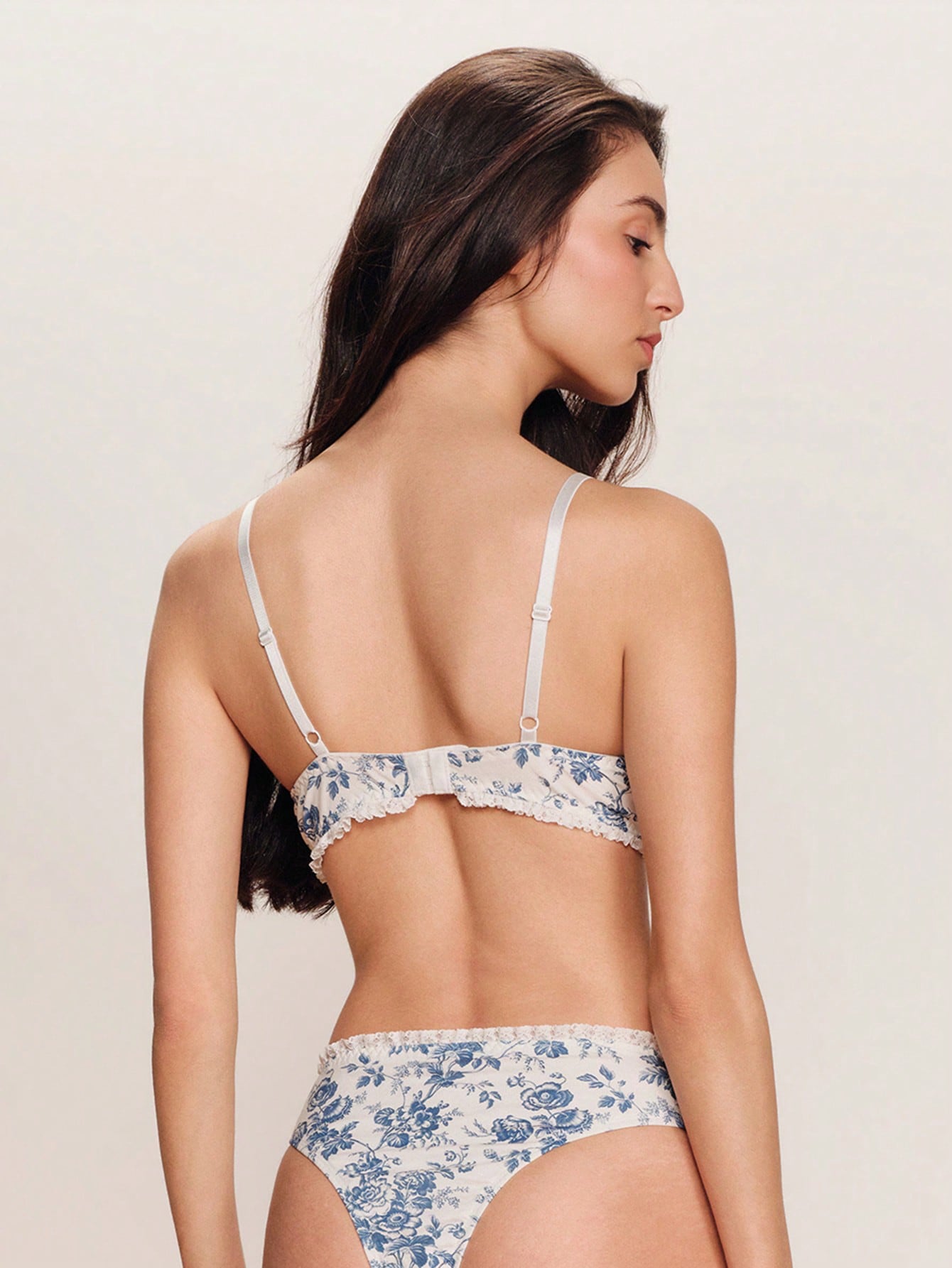 Blue Floral Print Lingerie Set With Lace Trim And Bow Details, Underwire Bra And Sexy Matching Panty Spring Summer French Style Parisian Style Blue And White Lingerie Bra And Panty Set Lingerie For Women