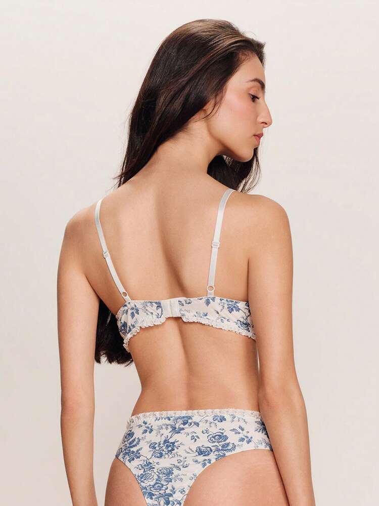 Blue Floral Print Lingerie Set With Lace Trim And Bow Details, Underwire Bra And Sexy Matching Panty Spring Summer French Style Parisian Style Blue And White Lingerie Bra And Panty Set Lingerie For Women