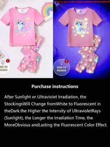 1 set Pijama de top de manga corta y pantalones ajustados con estampado de gato lindo que brilla en la oscuridad para niñas jóvenes - Rosa - Ver 4