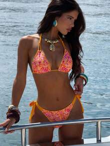 Swim Vcay Women's Fashion Printed Halter Strap Triangle Bikini Set, Summer - Orange - View 3