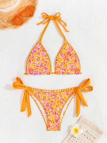 Swim Vcay Women's Fashion Printed Halter Strap Triangle Bikini Set, Summer - Orange - View 5