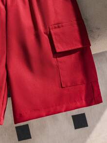 SHEIN 两件套男童夏季条纹纹理 Polo 衫和工装裤套装 - 紅色 - 查看 3