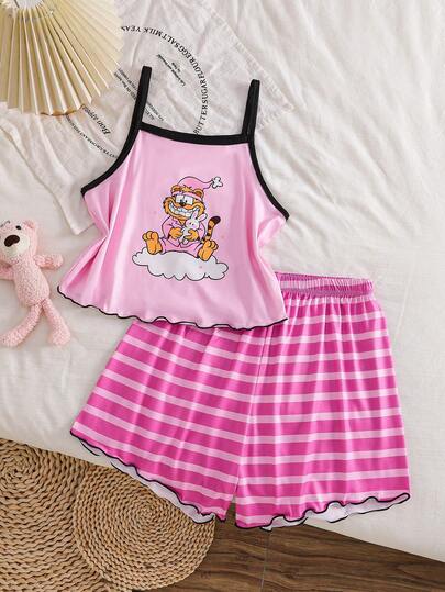 两件套可爱卡通印花吊带背心和短裤睡衣，舒适休闲少女睡衣