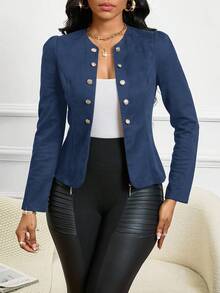 SHEIN Lady Four Season/ Attire/ Suede Black Button Detail Open Front Jacket In Fall/Winter - Navy Blue - View 8