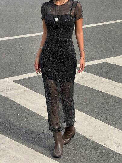 Muchica Muchic Black Glitter Mesh Music Festival Western Style Crew Neck Short Sleeve Fitted Knit Dress (With Lined Skirt)