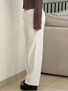 IamThia Quần ống đứng lưng rút dây dệt màu trắng cho nữ - trắng - Xem 5