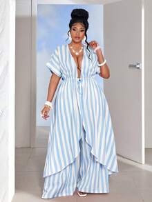 Maweii Plus Size Striped Drawstring Cardigan Top And Pants 2 Pieces Set - Multicolor - View 4