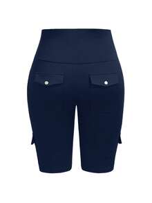 SHEIN LUNE Plus Size High Waist Fold-Over Cargo Running Shorts With Pockets, Tummy Control & Butt Lifting - Navy Blue - View 2