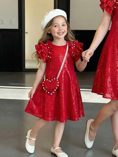 Elladie kids 1pc Girls' Spring/Summer Elegant Sweet Glossy Textured Pearl Decor Cap Sleeve A-Line Dress + Pearl Crossbody Bag, Suitable For Holiday Party & Performance