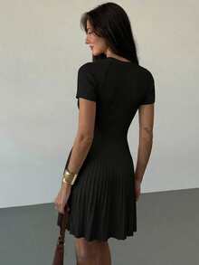 Aloruh Vestido de línea A de punto beige elegante y minimalista para uso diario de mujer - Negro - Ver 2