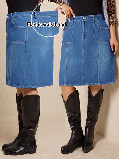 Elaquor Plus Size Women Pocketed Straight Casual Versatile Denim Mini Skirt