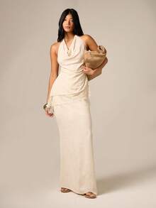 AiiRZ Women's Linen Side Split Maxi Skirt High Waisted Flowy Ankle Length Long Summer Casual Beach Vacation Elegant Natural Cream - Apricot - View 8