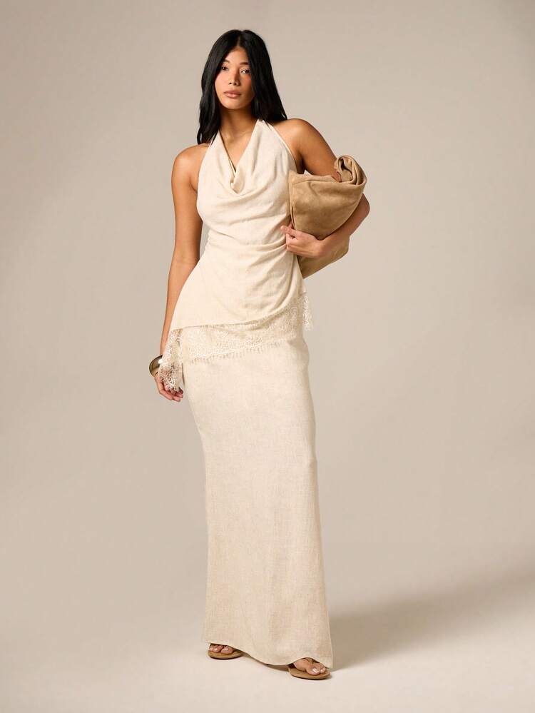 Linen Side Split Maxi Skirt With High Waist