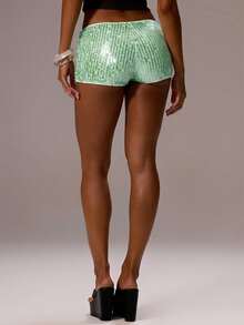 MUSERA Quần short siêu ngắn đính sequin cạp thấp, gợi cảm kiểu Ibiza, thích hợp cho kỳ nghỉ hè, lễ hội, đi biển, sinh nhật, tiệc tùng, câu lạc bộ, mùa thu, mùa xuân, lễ hội hóa trang. - Màu xanh nhạt - Xem 2