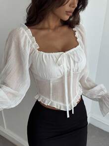 DAZY Spring/Summer Elegant Lace Patchwork Slim Fit Blouse With Drawstring Tie, Suitable For Valentine's Day, Wedding, Party, Formal Occasions, Long Sleeve Women's Shirt - White - View 8