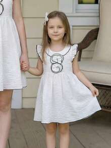 PrepCrw 1pc Young Girls' Elegant White Summer Party Dress,Black Trim Floral 3D Ruffle Collar Sleeveless Embroidered Dress For Kids,Easter Holiday Fairycore - White - View 1