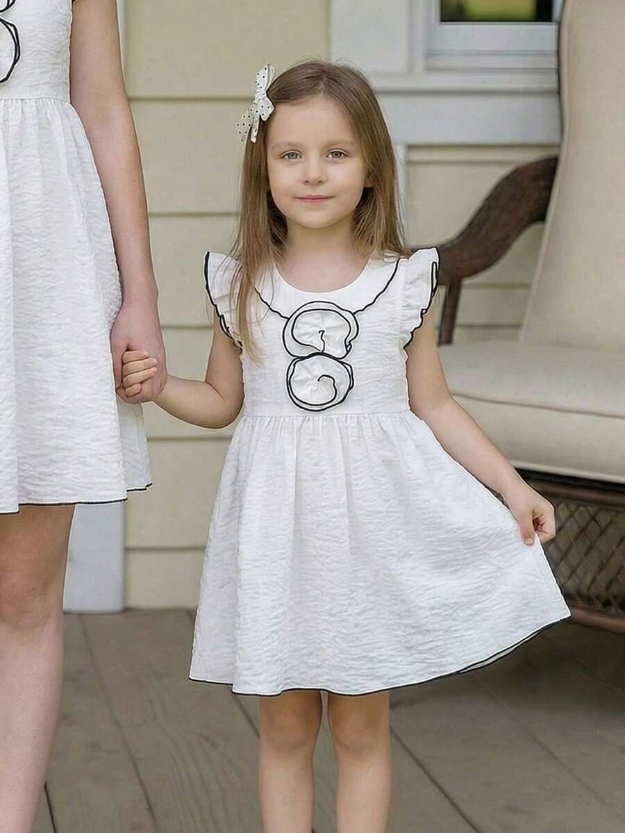 PrepCrw 1pc Young Girls' Elegant White Summer Party Dress,Black Trim Floral 3D Ruffle Collar Sleeveless Embroidered Dress For Kids,Easter Holiday Fairycore - White - View 1