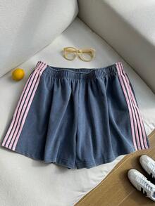 SHEIN EZwear 大码女式蓝色条纹雪花印花短裤 - 藍色 - 查看 4