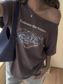 DAZY Women's Minimalist Printed Round Neck Short Sleeve T-Shirt Summer - Grey - View 4