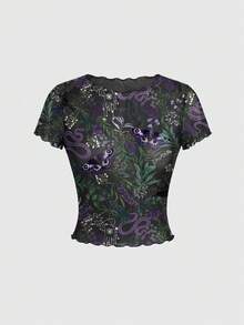 ROMWE Gothic Aesthetic Sexy Snake, Eagle, Moth Sheer Print Short Sleeve Blouse For Women - Black - View 1