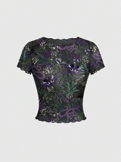 ROMWE Gothic Aesthetic Sexy Snake, Eagle, Moth Sheer Print Short Sleeve Blouse For Women