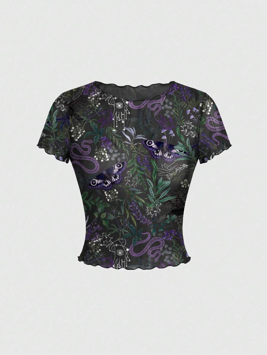 ROMWE Gothic Aesthetic Sexy Snake, Eagle, Moth Sheer Print Short Sleeve Blouse For Women - Black - View 1
