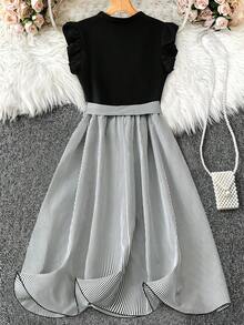 SHEIN PETITE CURVE 大码拼接条纹短袖优雅度假连衣裙 - 彩色 - 查看 2