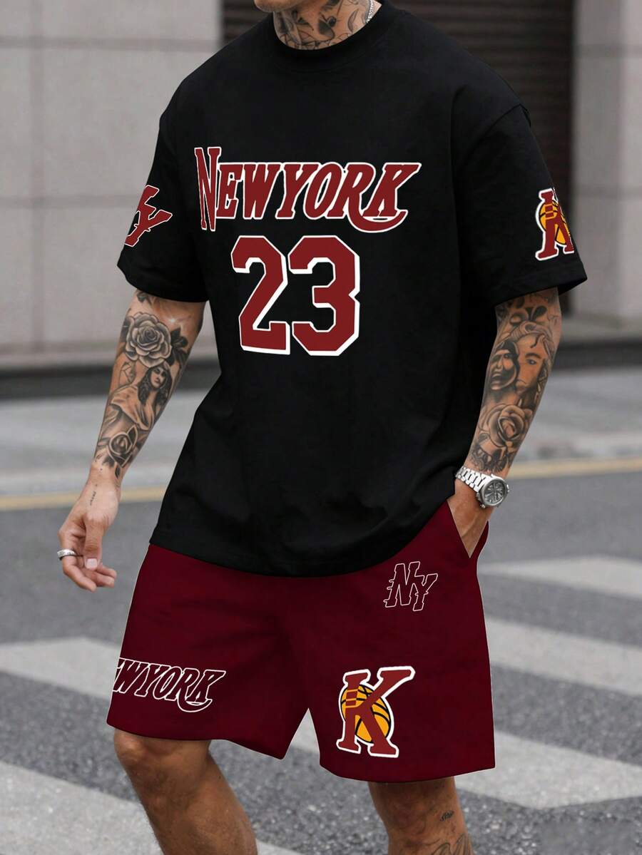 Manfinity LEGND 男士纽约23号印花T恤和短裤套装 - 彩色 - 查看 1