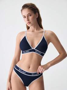 Loungeista Conjunto de sujetador y panty de gráficos de letras con encuadernación de contraste, conjunto de lencería deportiva - azul real - Ver 5