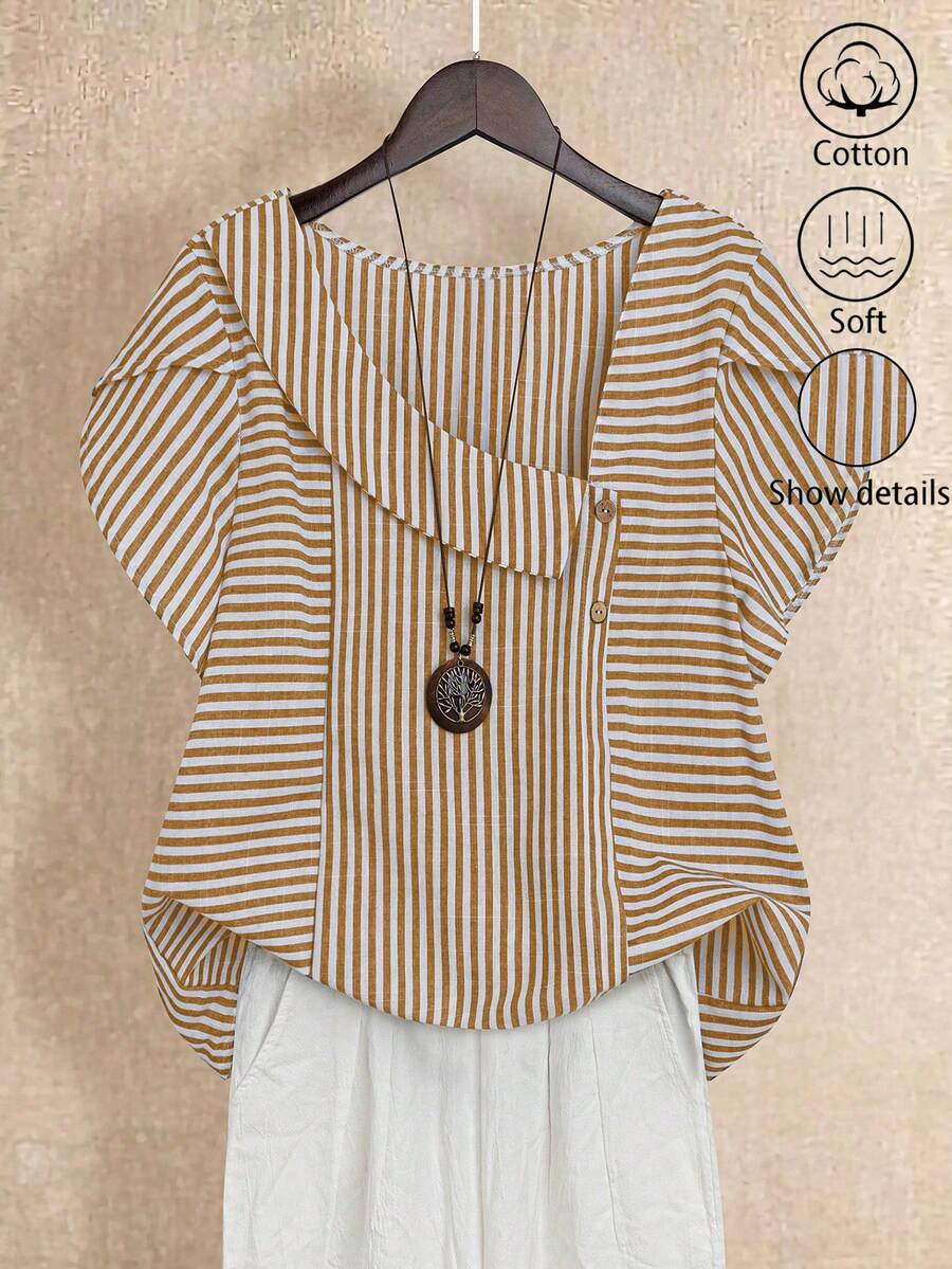 Linhara Plus Size Summer Casual Striped Asymmetric Collar Shirt - Khaki - View 1