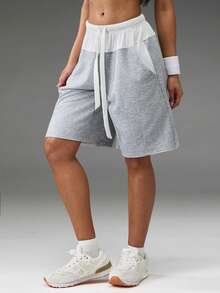 Normani Quần short nữ dáng rộng, thoải mái, có dây rút ở eo, phối màu tương phản. - Xám - Xem 5