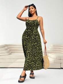 SHEIN EZwear 大码豹纹吊带连衣裙，腰部系带可调节，配有隐形拉链，适合春夏穿着。 - 軍綠色 - 查看 4