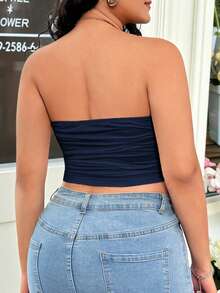GalTyme Navy Blue Plus Size Ruffle Bandeau Top For Women - Navy Blue - View 2