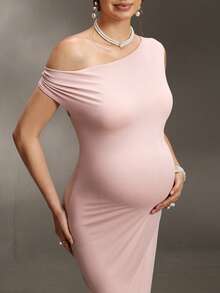 Cheriluna Maternity Asymmetric Shoulder Backless Tie Dress, Sexy Minimalist Maternity Photoshoot - Pink - View 6
