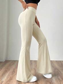 SHEIN EZwear 女款桃色針織喇叭腿長褲，夏季高腰顯瘦喇叭寬腿瑜伽長褲，彈性休閒居家日常穿搭 - 杏色 - 查看 4
