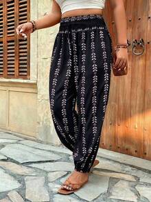 SHEIN LUNE Celana Harem Pinggang Elastis Motif Ukuran Besar, Celana Kasual untuk Liburan Musim Gugur - MultiWarna - View 1