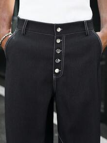 SLATEMANN Men's Solid Color Button Front Pocket Relaxed Pants - Black - View 5