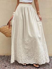 DAZY Women's Elastic Waist Embroidered Casual Skirt - Beige - View 3