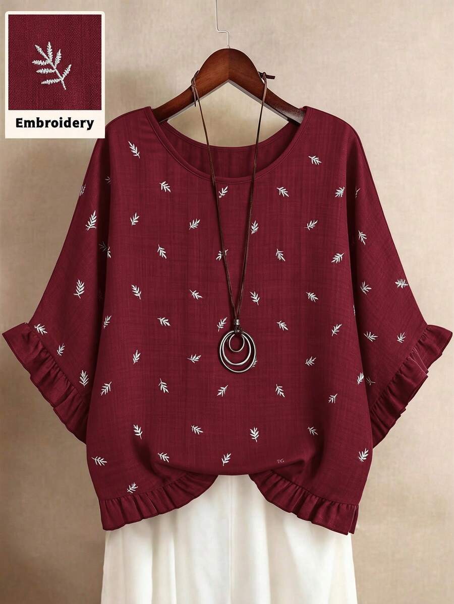 SHEIN EMERY ROSE CURVE Plus Size Embroidered Pattern Round Neck Long Sleeve Shirt - Burgundy - View 1