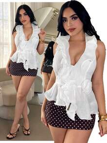SHEIN SXY Áo kiểu nữ màu trơn viền bèo cổ yếm, áo gợi cảm cho nữ, áo đẹp, trang phục hở hang cho nữ, váy mới nhất, áo khoác ngoài áo tắm, màu trắng, mùa hè, kỳ nghỉ, áo nữ mùa hè, trang phục mùa hè cho nữ, bộ đồ đi nghỉ mát cho nữ. - trắng - Xem 7
