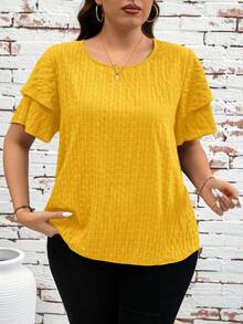 SHEIN Clasi 大码女式纯色圆领荷叶边短袖休闲衬衫 - 黃色 - 查看 3