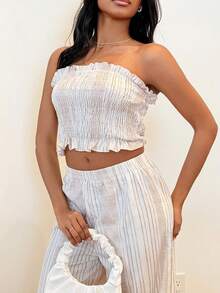 Natali Santanap 2pcs/Set Women Holiday Striped Bandeau Top And Pants Suit Summer Vacation Resort - Apricot - View 5