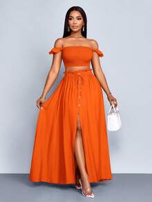 SOLERSUN Women's Petite Size Vacation Elegant Orange Boho Two Piece Outfit, Off Shoulder Ruffle Trim Crop Top & Button Front High Slit Maxi Skirt Matching Set For Summer Vacation Beach, Women Two Pieces Outfits,Casual Daily Wear,Off Shoulder Crop Top & Slit Maxi Skirt For Beach & Summer Looks - Orange - View 7